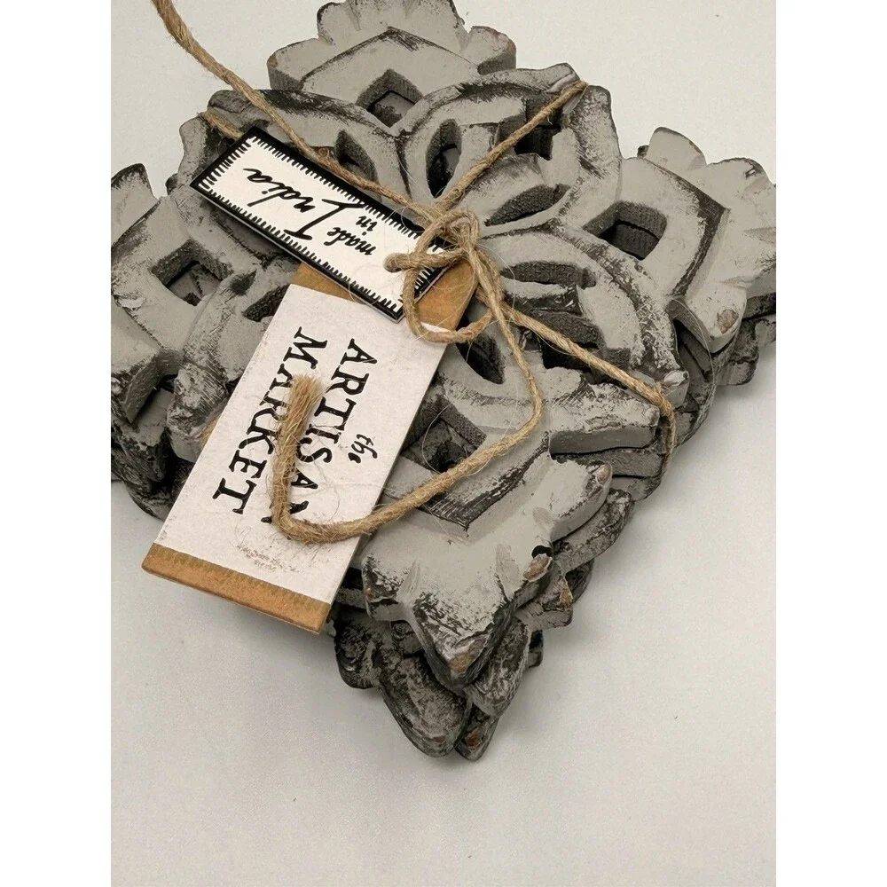 Artisan Market Hand Carved Wood Coasters Gray Distressed Set of 4 Farmhouse 4x4